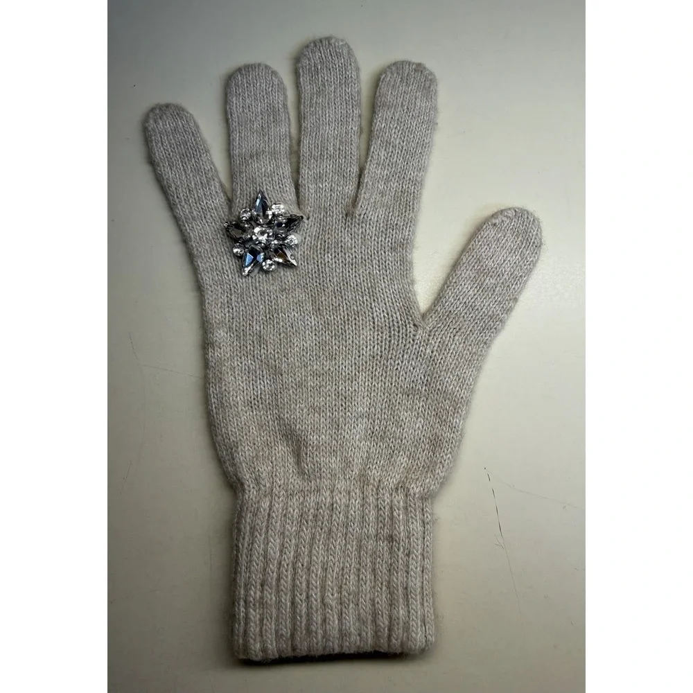 Stilestro Italy Cashmere Blend Knit Gloves Beige Crystal Rhinestone Accent